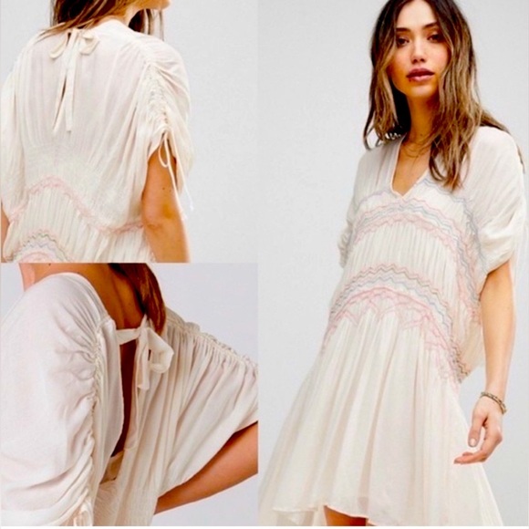 Free People Womens Ivory Embroidered Short Sleeve Dress Sz S like new condition - Picture 1 of 15